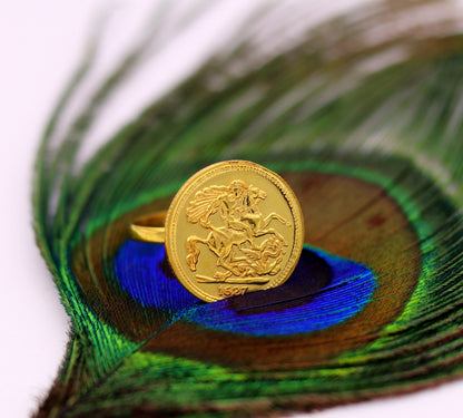 22KT yellow gold handmade coin ring with detailed horse design, Victorian style unisex jewelry from Rajasthan, India.