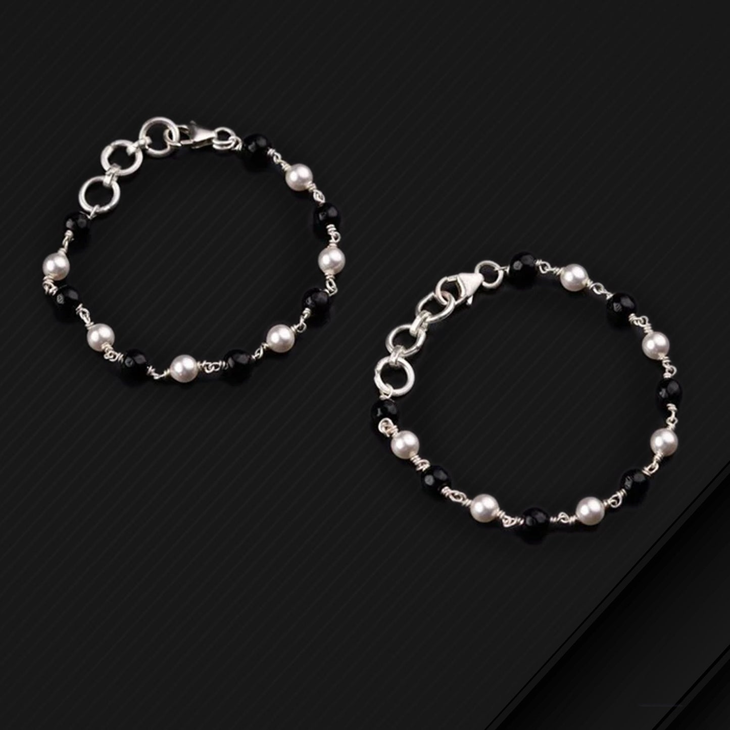 925 sterling silver and black beaded chain bracelet Combo use bracelet or anklets, baby or girls bracelet mbr011 - TRIBAL ORNAMENTS