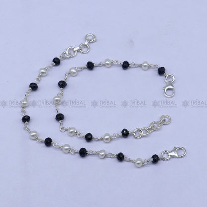 925 sterling silver and black beaded chain bracelet from TRIBAL ORNAMENTS, versatile for bracelets or anklets, suitable for babies or girls.