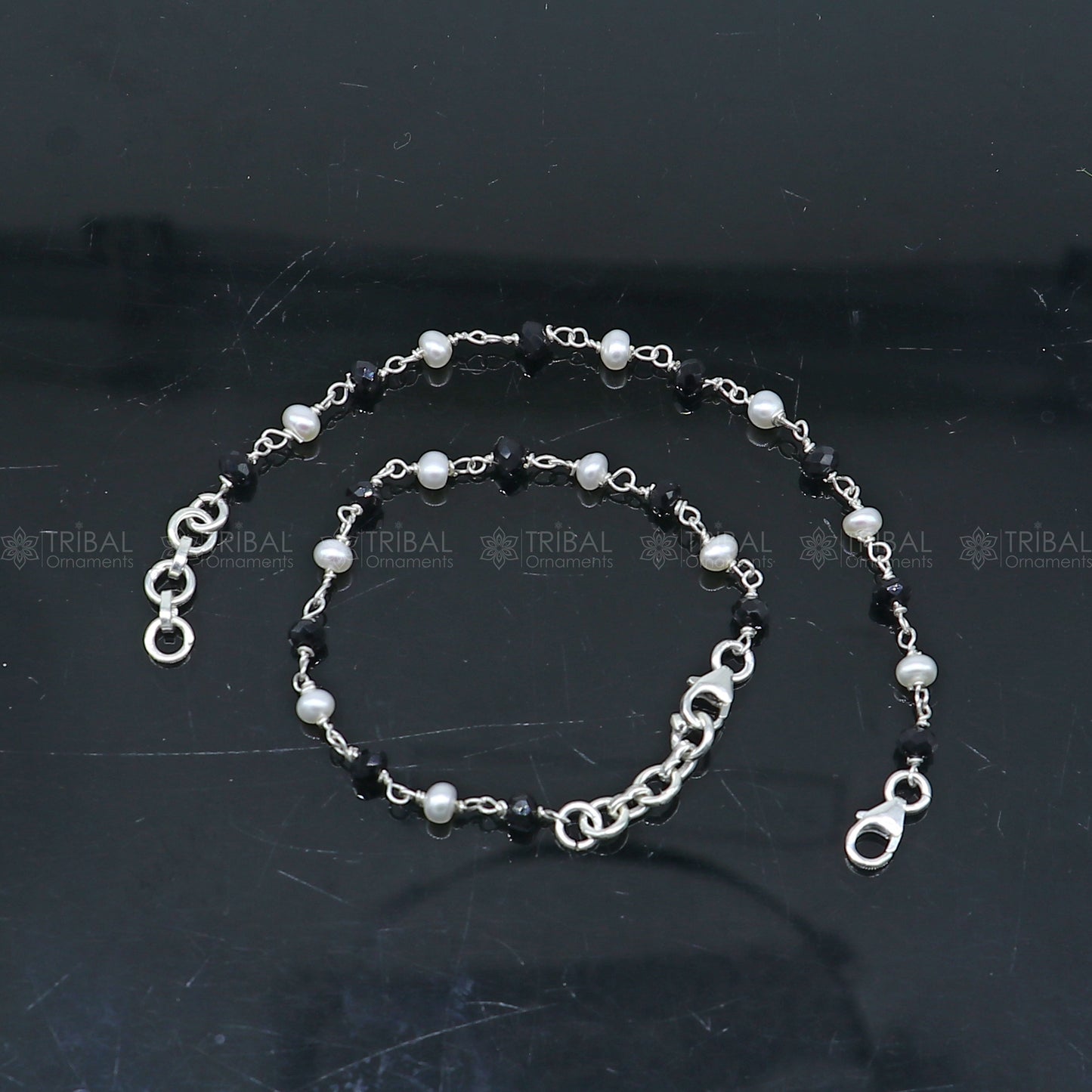 925 sterling silver and black beaded chain bracelet Combo use bracelet or anklets, baby or girls bracelet mbr011 - TRIBAL ORNAMENTS