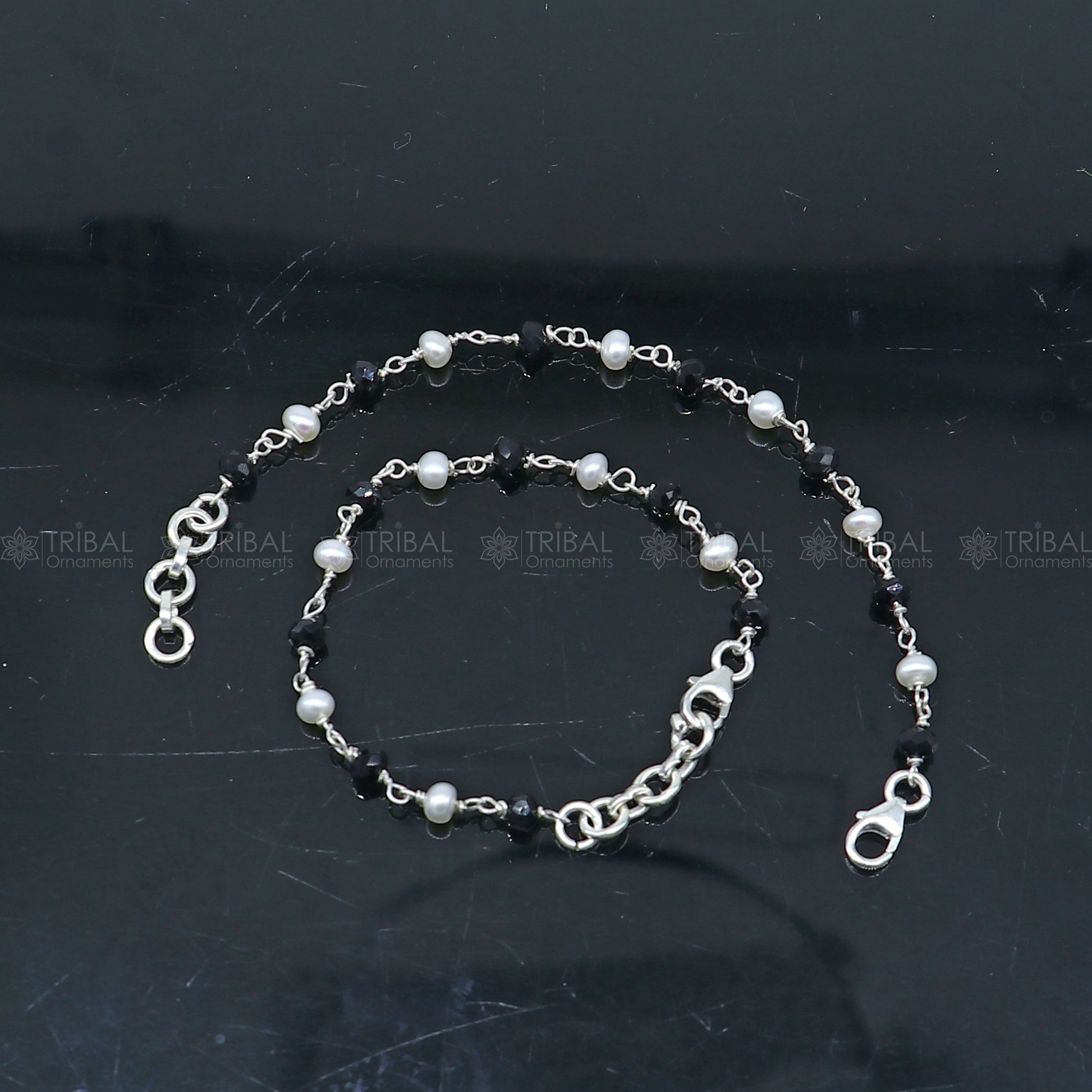 925 sterling silver and black beaded chain bracelet Combo use bracelet or anklets, baby or girls bracelet mbr011 - TRIBAL ORNAMENTS