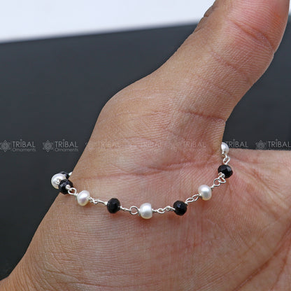 Sterling silver and black beaded chain bracelet by Tribal Ornaments, versatile for bracelets or anklets for girls or babies.