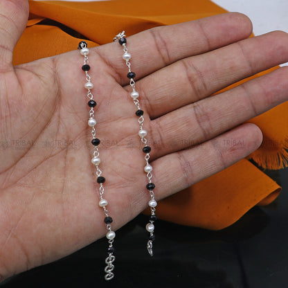 925 sterling silver and black beaded chain bracelet from TRIBAL ORNAMENTS, versatile bracelet or anklet for baby or girls.