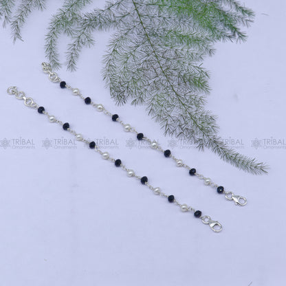 925 sterling silver and black beaded chain bracelet from Tribal Ornaments, versatile jewelry for babies, girls, or as an anklet.