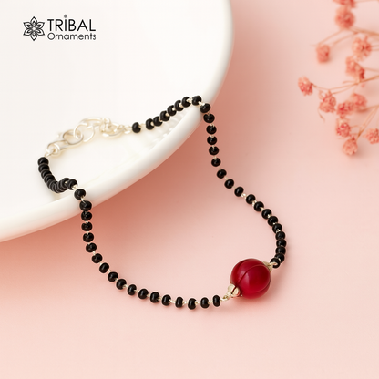 925 sterling silver cultural black beaded bracelet combo, versatile for use as bracelets or anklets with traditional style.