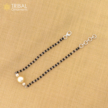 925 sterling silver black beaded bracelet or anklet, tribal design, versatile size, suitable for mangalsutra or casual wear by Tribal Ornaments.
