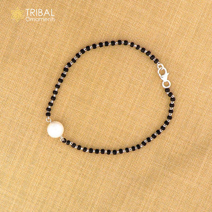 925 sterling silver cultural black beaded girls bracelet and anklet combo, featuring traditional design and adjustable sizes.