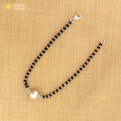 925 sterling silver cultural black beaded girls bracelet and anklet combo by TRIBAL ORNAMENTS, featuring traditional design and adjustable sizes.