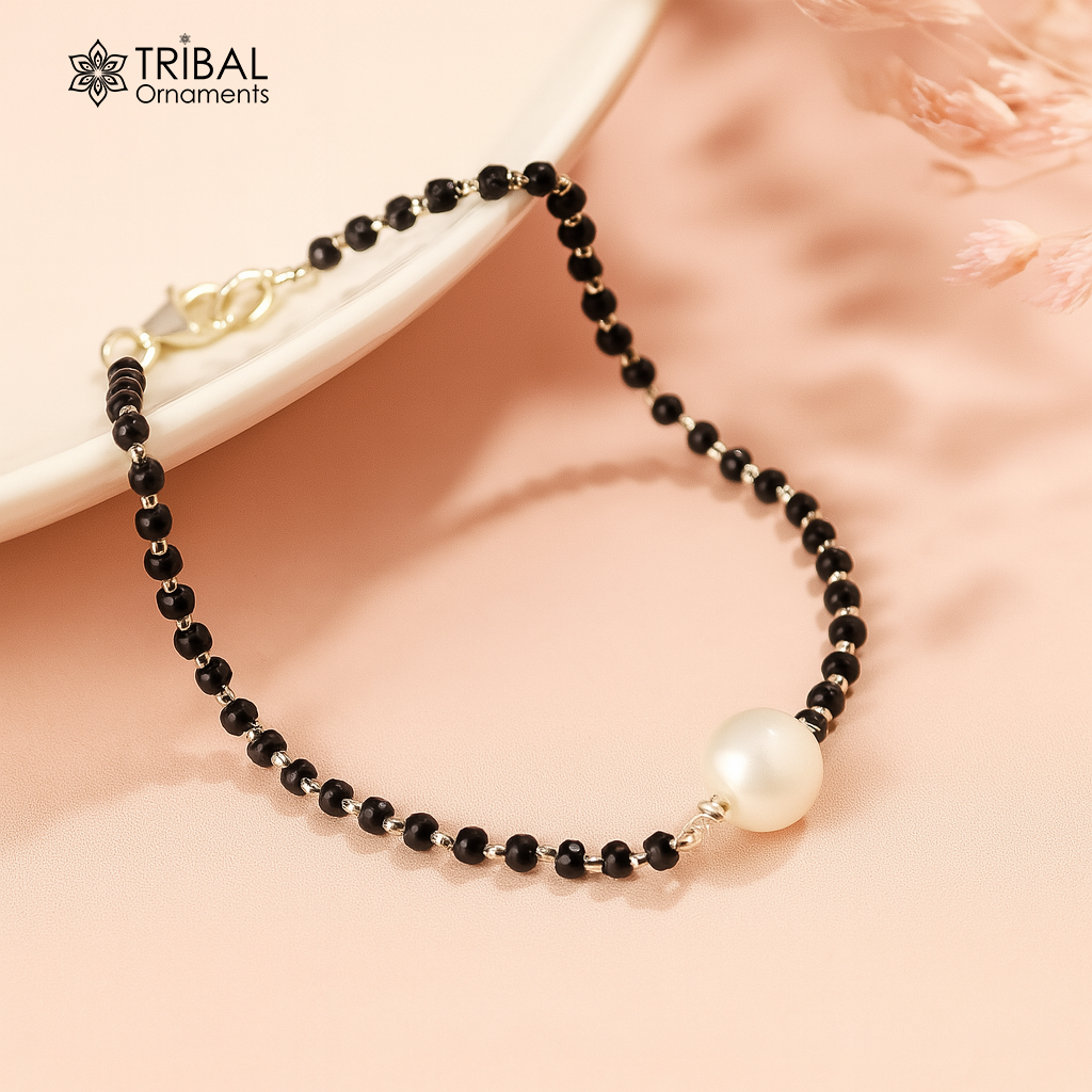 925 sterling silver modern cultural black beaded all sizes girls bracelet Combo use bracelet or anklets, best Mangalsutra bracelet sbr455 - TRIBAL ORNAMENTS
