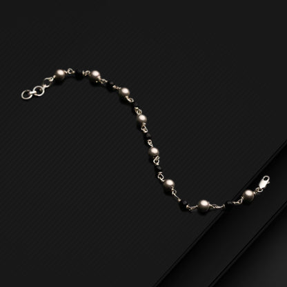 925 sterling silver and black beaded chain bracelet, versatile as bracelet or anklet, tribal ornaments MBR09 with pearl accents.