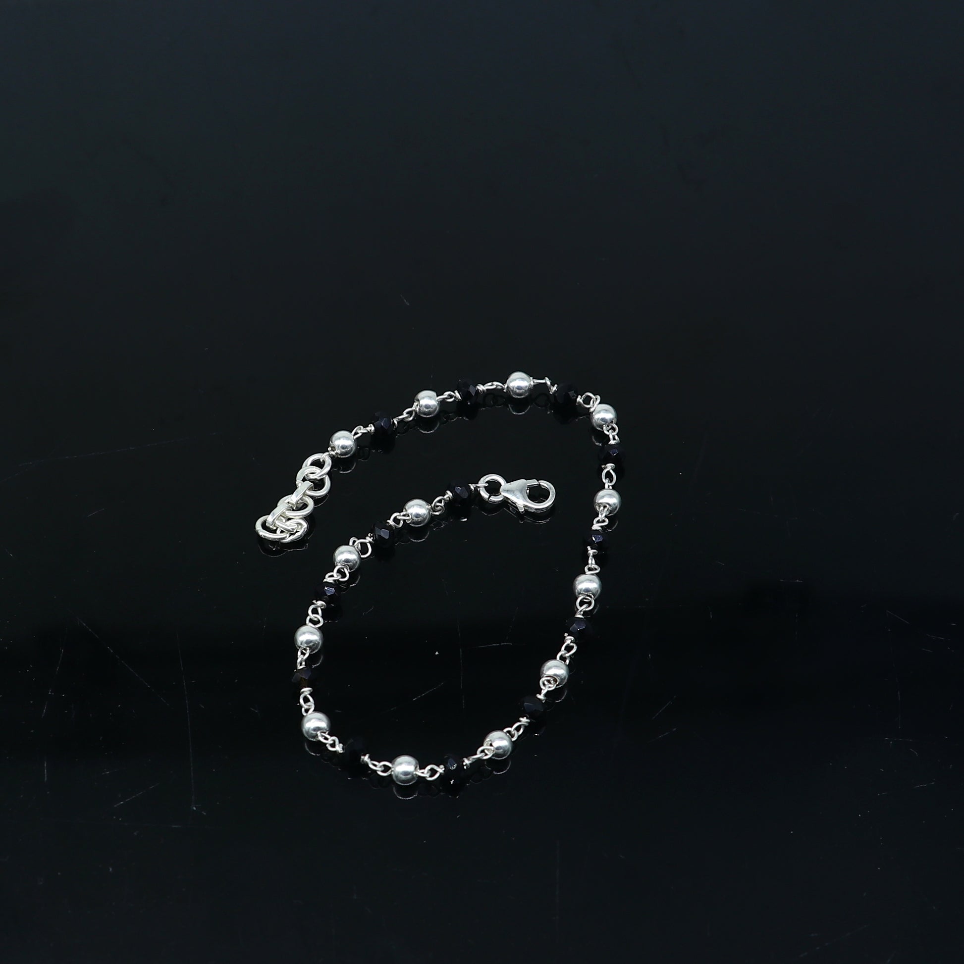 925 sterling silver pearl and black beaded chain bracelet Combo use bracelet or anklets, Mangalsutra bracelet mbr09 - TRIBAL ORNAMENTS