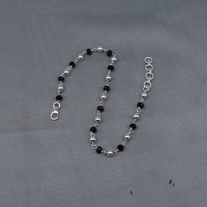 925 sterling silver and black beaded chain bracelet, versatile as bracelet or anklet, with pearl accents from TRIBAL ORNAMENTS.