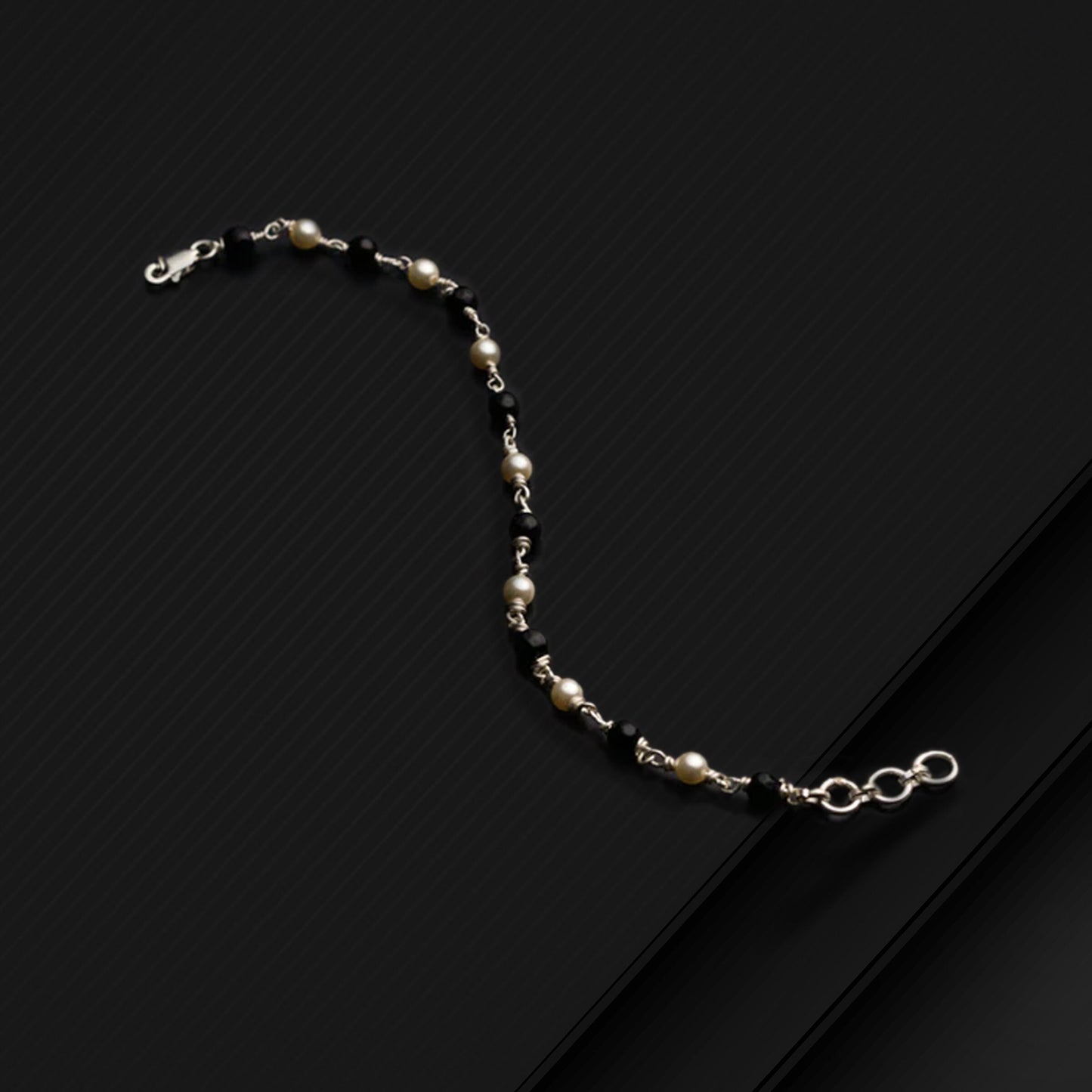 925 sterling silver white pearl and black beaded chain bracelet Combo use bracelet or anklets, Mangalsutra bracelet mbr08 - TRIBAL ORNAMENTS