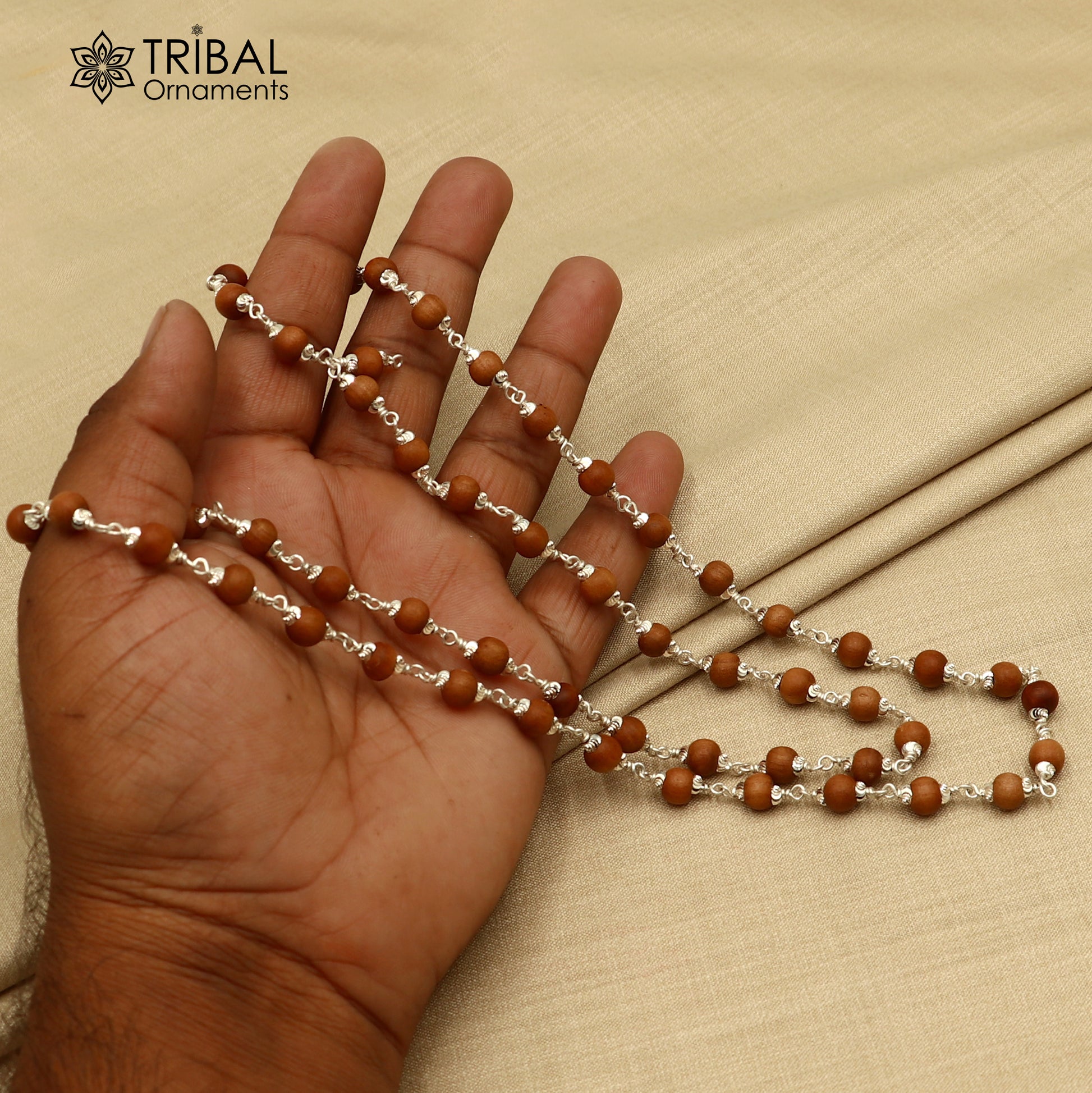 Silver Navkar Jaap mala with 54 or 108 beads, tribal-style chandan mala necklace in 925 solid silver.