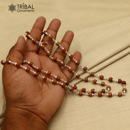Silver Navkar Jaap mala with 54 or 108 beads, tribal-style chandan mala necklace in 925 solid silver.