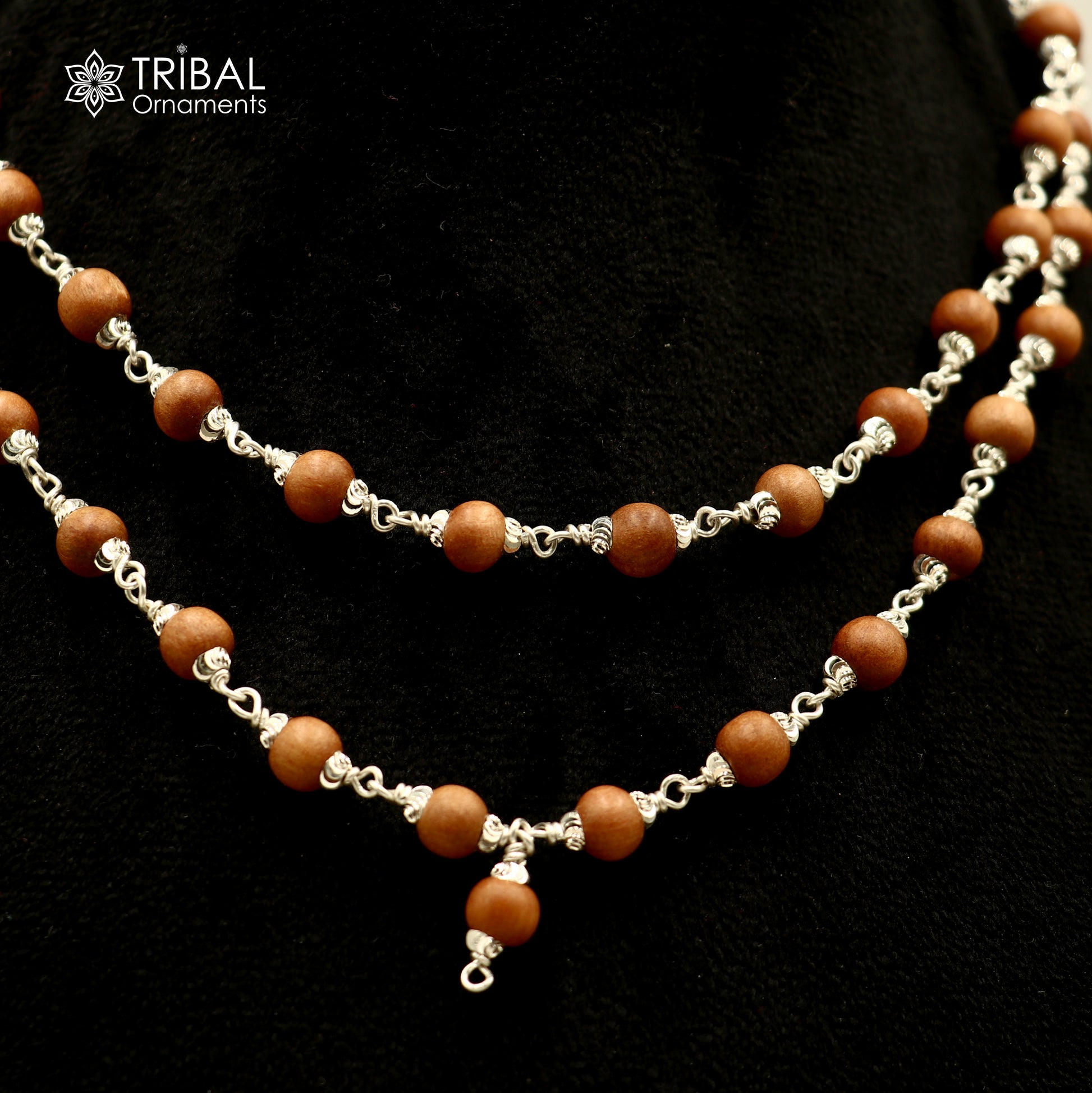 Silver Navkar Jaap mala with 54 beads, tribal ornaments, 925 solid silver chanting necklace, detailed beaded design.