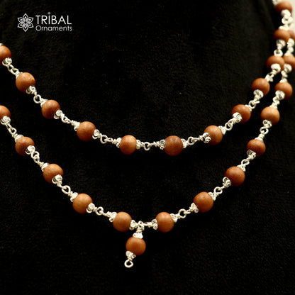Silver Navkar Jaap mala with 54 beads, tribal ornaments, 925 solid silver chanting necklace, detailed beaded design.