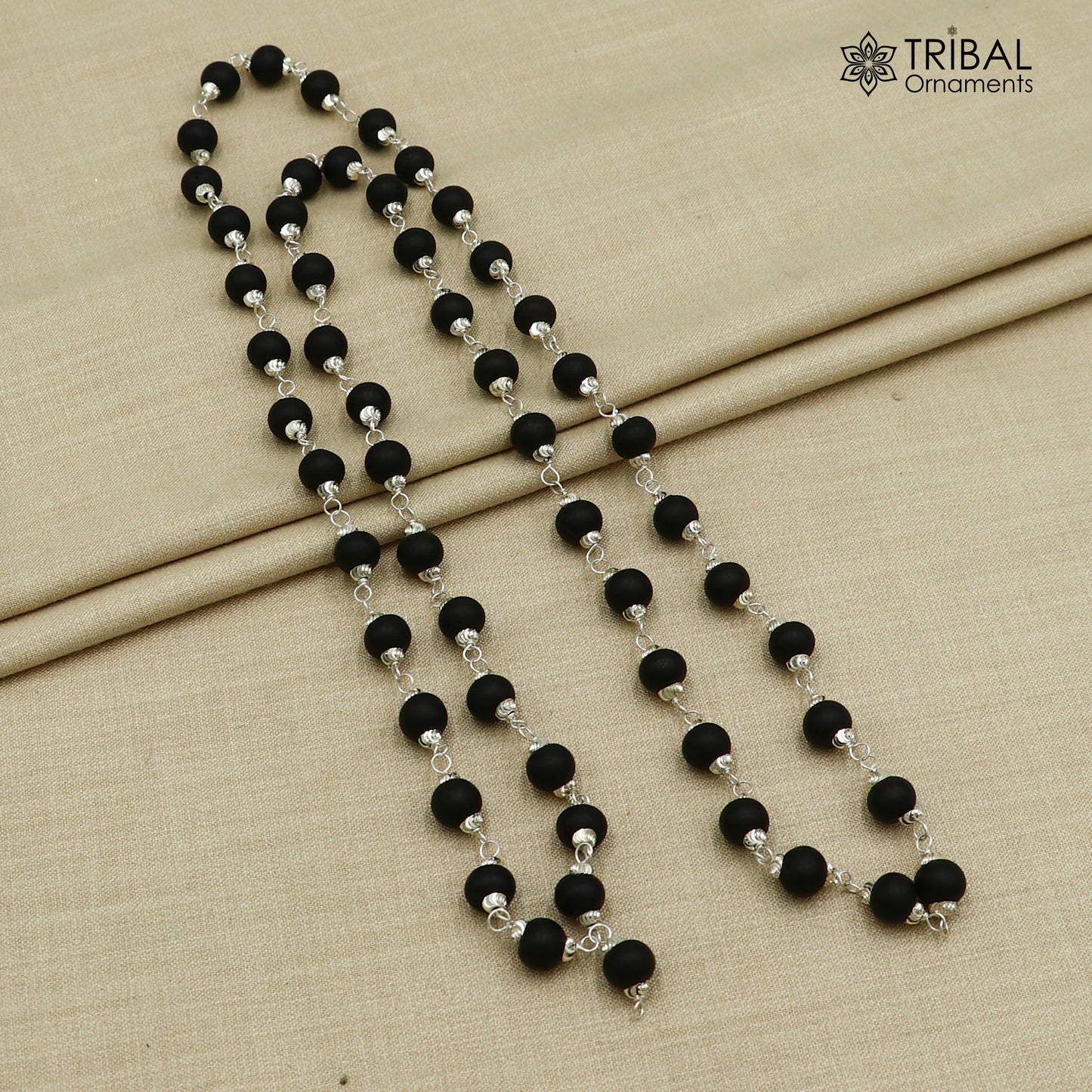 54 /108 beads handmade karungali round beads mala 925 solid silver chain necklace ch609 - TRIBAL ORNAMENTS