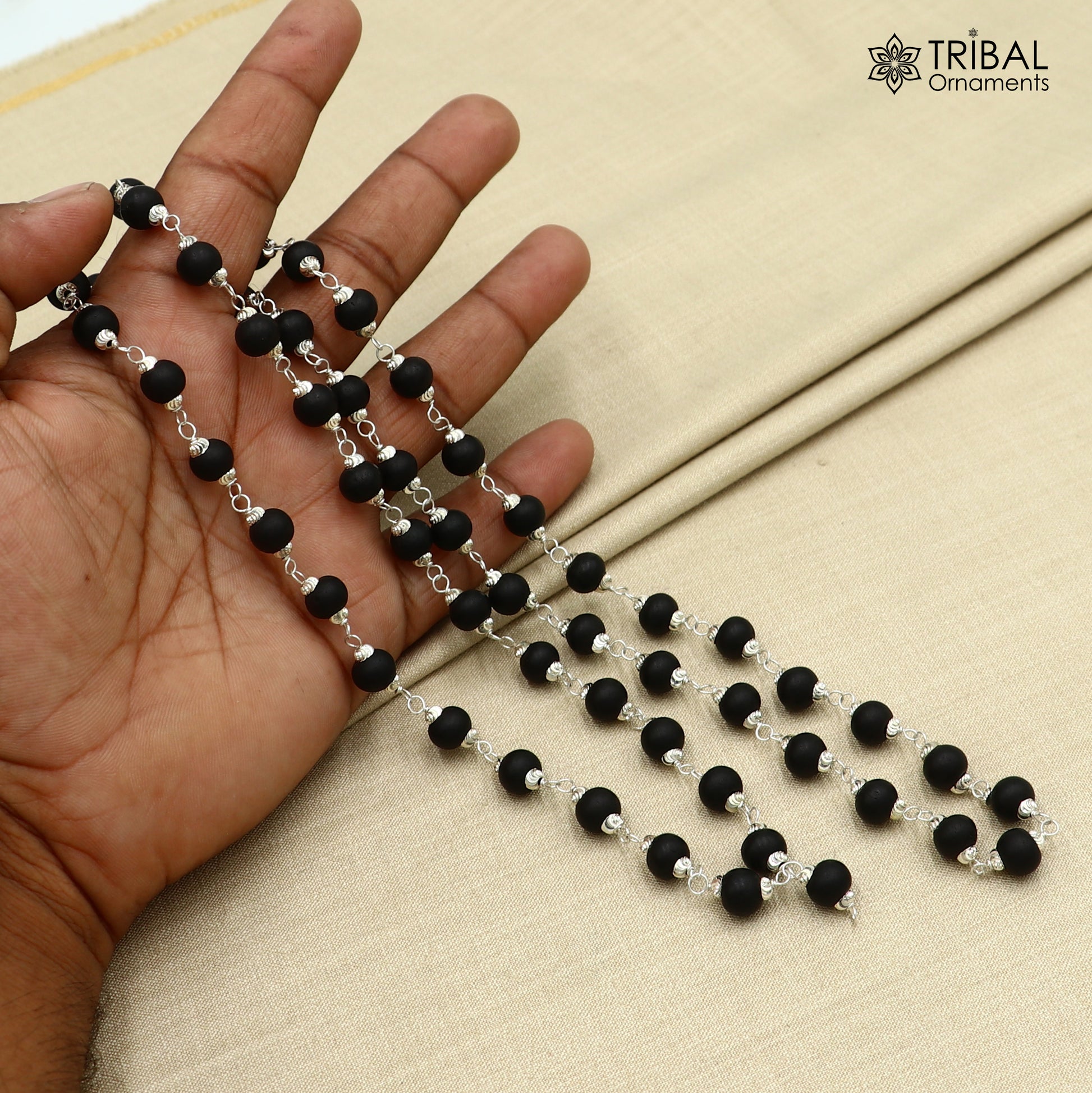 54 /108 beads handmade karungali round beads mala 925 solid silver chain necklace ch609 - TRIBAL ORNAMENTS