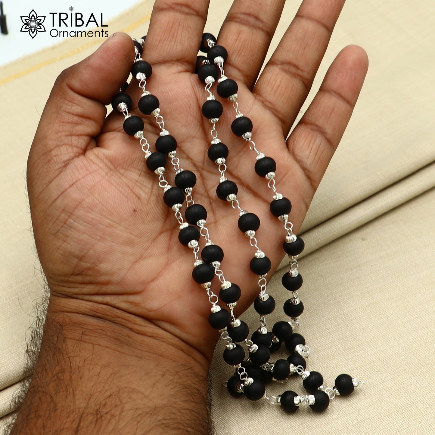 54 /108 beads handmade karungali round beads mala 925 solid silver chain necklace ch609 - TRIBAL ORNAMENTS