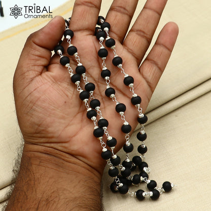 54 /108 beads handmade karungali round beads mala 925 solid silver chain necklace ch609 - TRIBAL ORNAMENTS