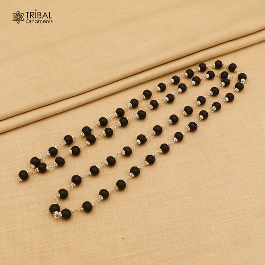 54 /108 beads handmade karungali round beads mala 925 solid silver chain necklace ch609 - TRIBAL ORNAMENTS