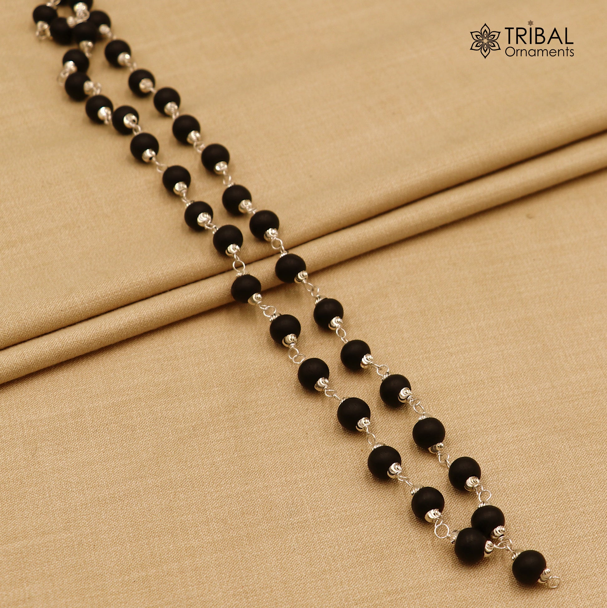 54 /108 beads handmade karungali round beads mala 925 solid silver chain necklace ch609 - TRIBAL ORNAMENTS