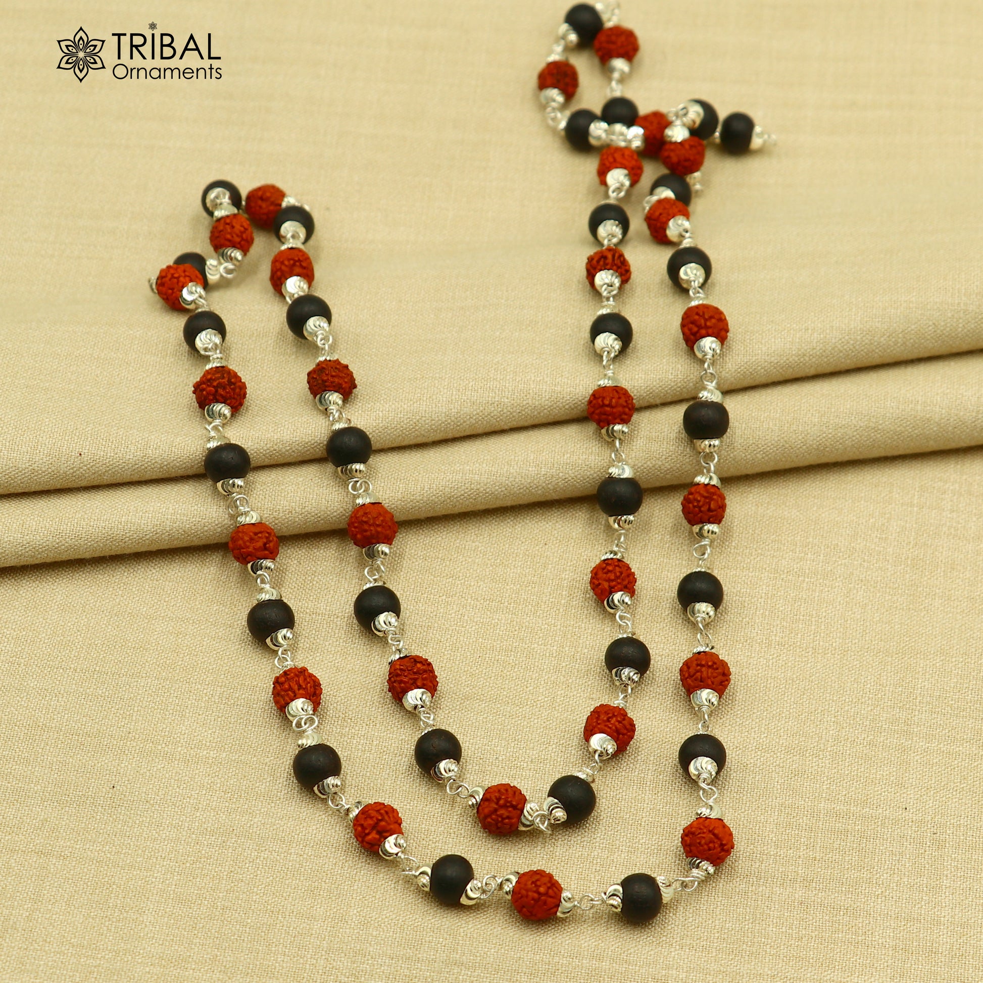 Tribal Ornaments Navkar Jaap Mala with 54/108 Karungali and Rudraksha beads in 925 solid silver, chanting necklace.