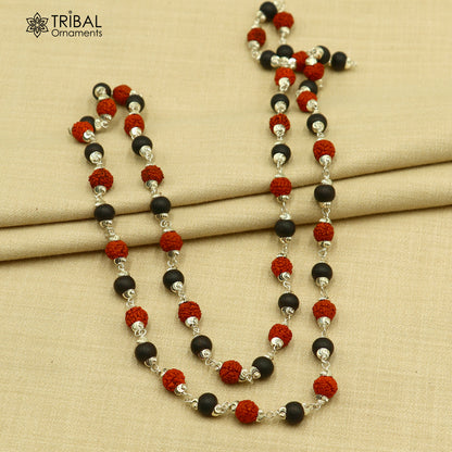 Tribal Ornaments Navkar Jaap Mala with 54/108 Karungali and Rudraksha beads in 925 solid silver, chanting necklace.