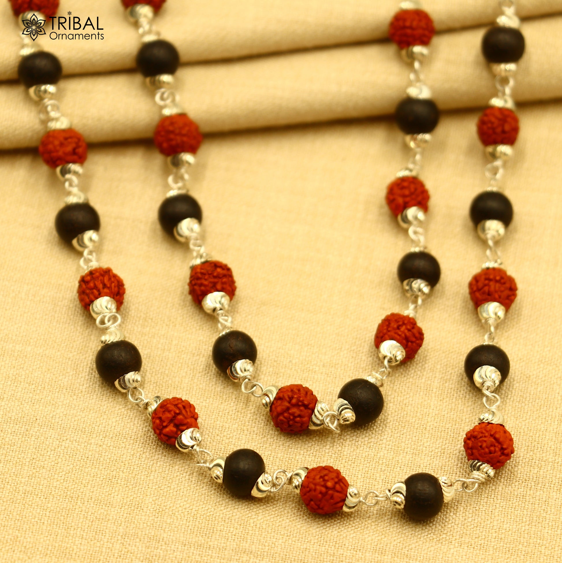 54 / 108 beads Karungali and Rudraksha beads navkar jaap mala 925 solid silver chanting necklace ch612 - TRIBAL ORNAMENTS