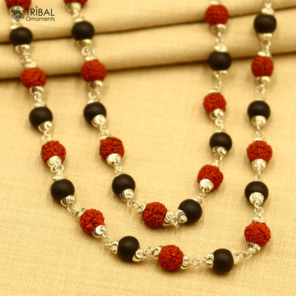 Tribal ornaments Navkar Jaap mala with 54 and 108 beads, Karungali and Rudraksha, 925 solid silver chanting necklace.