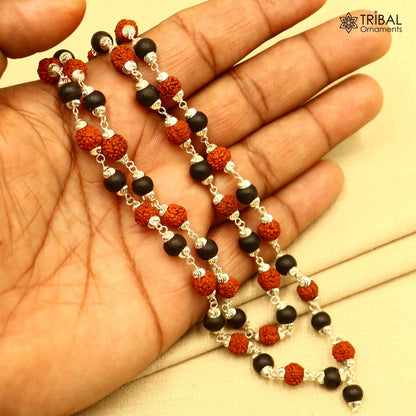 Tribal Ornament navkar jaap mala with 54 and 108 Karungali and Rudraksha beads, 925 solid silver chanting necklace.