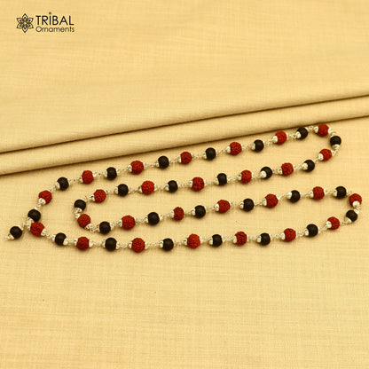 Silver Navkar Jaap Mala with 54/108 Karungali and Rudraksha beads, tribal ornaments chanting necklace in 925 solid silver.