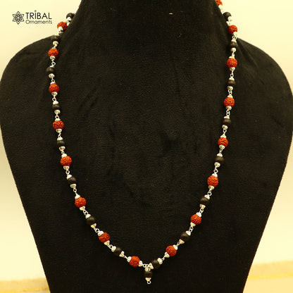 Silver Navkar Jaap mala with 54 or 108 Rudraksha and Karungali beads, 925 solid silver chanting necklace, tribal ornament design.