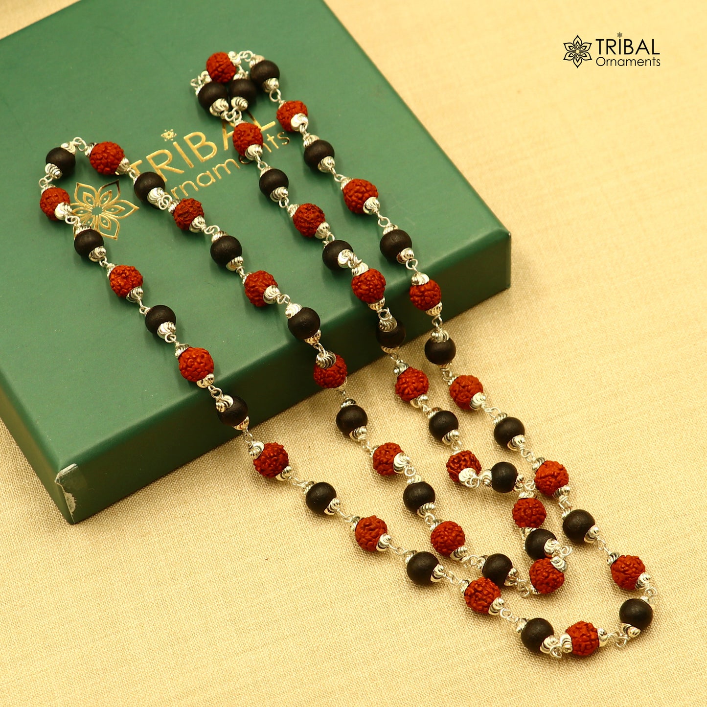 54 / 108 beads Karungali and Rudraksha beads navkar jaap mala 925 solid silver chanting necklace ch612 - TRIBAL ORNAMENTS