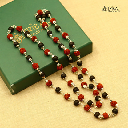 Silver Navkar Jaap Mala with 54 and 108 Rudraksha and Karungali beads, 925 solid silver chanting necklace from Tribal Ornaments
