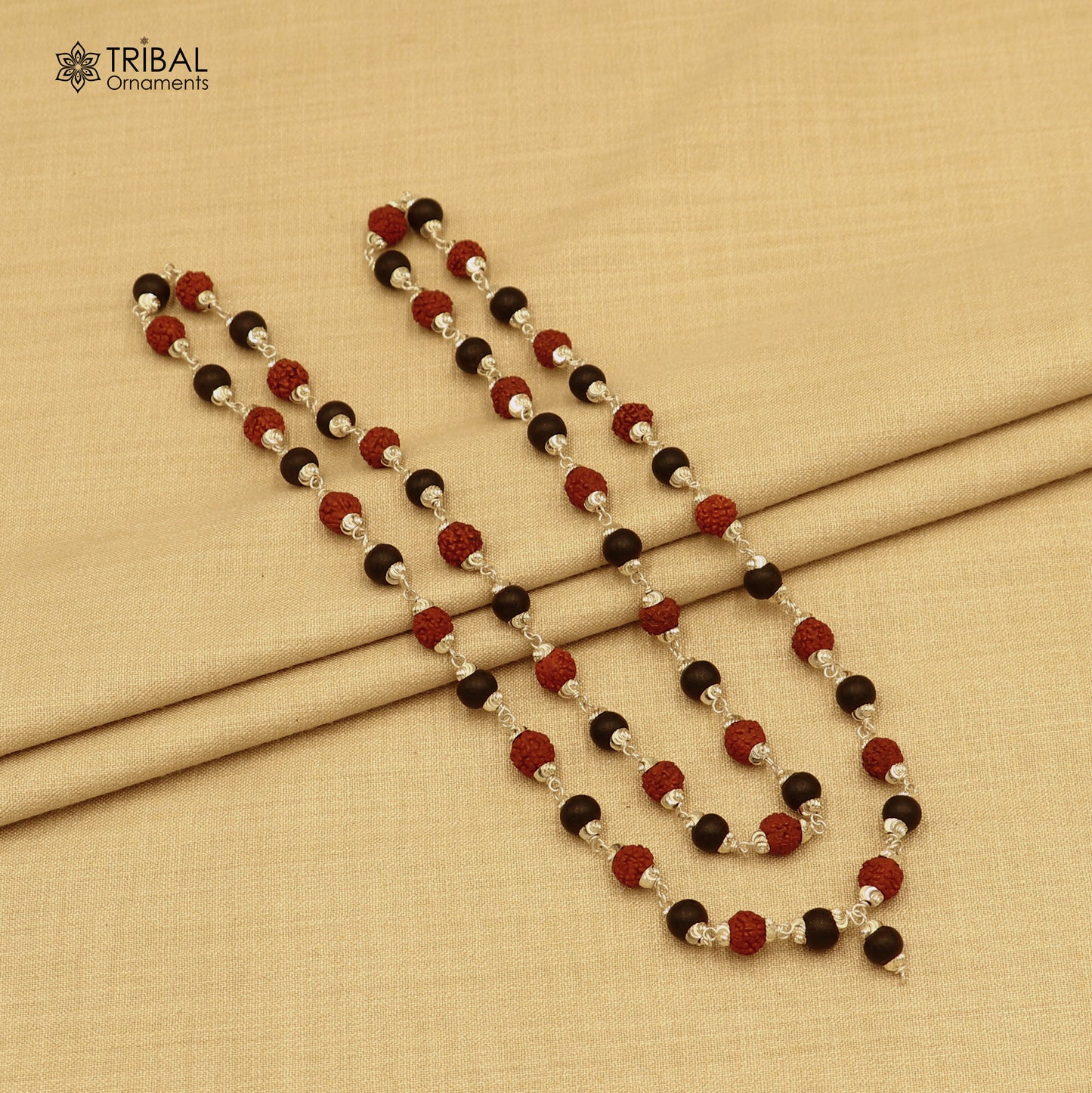 54 / 108 beads Karungali and Rudraksha beads navkar jaap mala 925 solid silver chanting necklace ch612 - TRIBAL ORNAMENTS