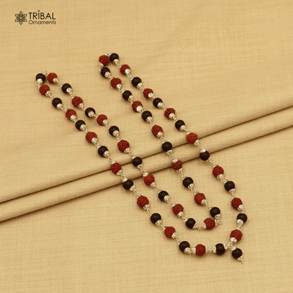 Silver Navkar Jaap Mala necklace featuring 54/108 Karungali and Rudraksha beads, crafted in 925 solid silver by Tribal Ornaments.