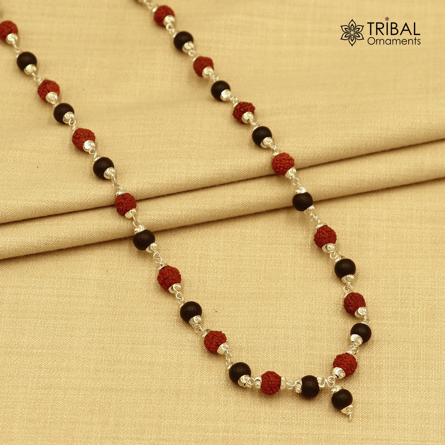 54 / 108 beads Karungali and Rudraksha beads navkar jaap mala 925 solid silver chanting necklace ch612 - TRIBAL ORNAMENTS