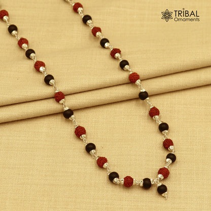 Silver Navkar Jaap mala with 54 and 108 beads, Karungali and Rudraksha beads, tribal-style chanting necklace.