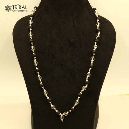 Silver Navkar Jaap Mala with 54/108 beads, Karungali and Sphatik beads, 925 solid silver chanting necklace by Tribal Ornaments.
