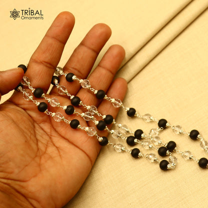 Silver Navkar Jaap mala with 54/108 Karungali and Sphatik beads, 925 solid silver chanting necklace from Tribal Ornaments.