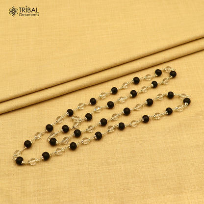 Silver Navkar Jaap mala with 54/108 Karungali and Sphatik beads, 925 solid silver chanting necklace by Tribal Ornaments.