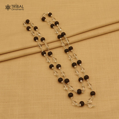 Silver Navkar Jaap Mala necklace with 54/108 beads of Karungali and Sphatik, crafted in 925 solid silver by Tribal Ornaments.