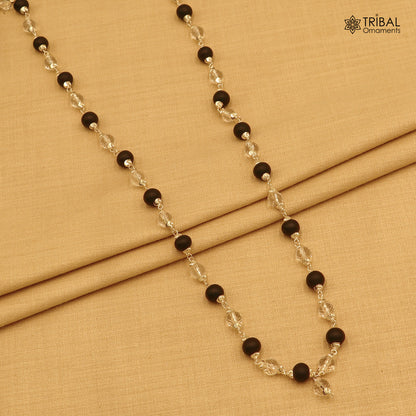 Silver Navkar Jaap Mala with 54 and 108 beads, featuring Karungali and Sphatik beads, 925 solid silver chanting necklace.
