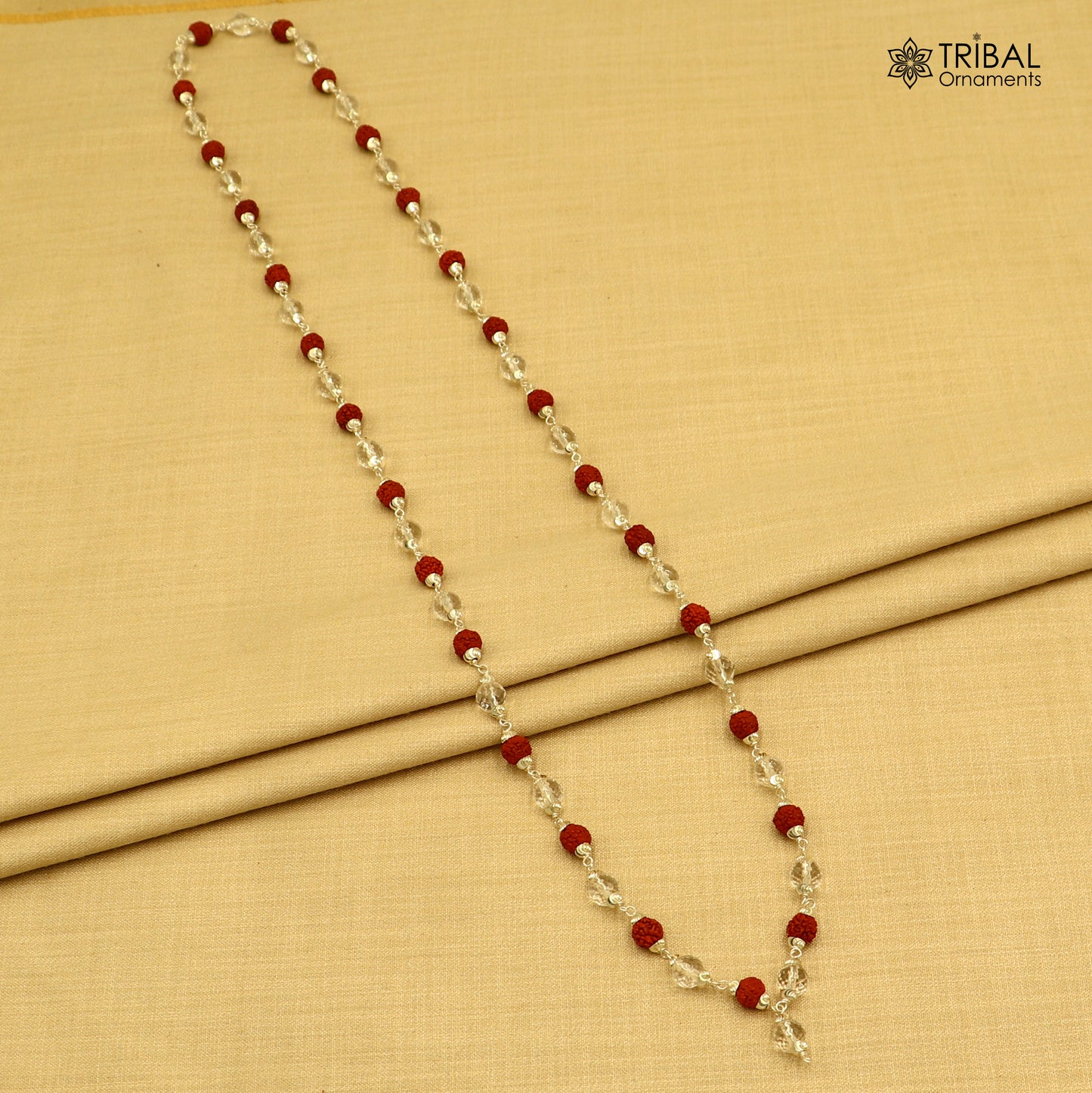 Tribal Ornaments Navkar Jaap Mala with 54 or 108 Rudraksha and Sphatik beads, 925 solid silver chanting necklace.