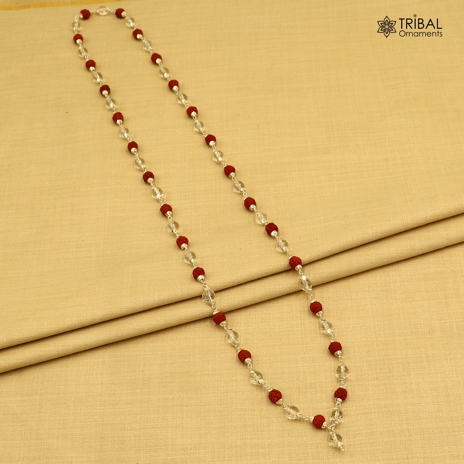 Tribal Ornaments Navkar Jaap Mala with 54 or 108 Rudraksha and Sphatik beads, 925 solid silver chanting necklace.