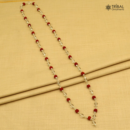 Tribal Ornaments Navkar Jaap Mala with 54 or 108 Rudraksha and Sphatik beads, 925 solid silver chanting necklace.