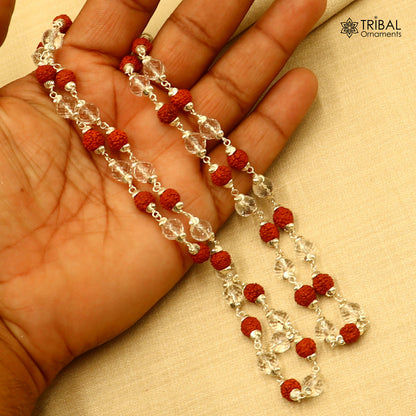 Rudraksha and Sphatik beads Navkar Jaap Mala necklace with 54/108 beads in 925 solid silver, Tribal Ornaments brand.