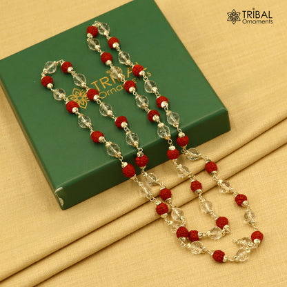 Tribal Ornament 54/108 beads Rudraksha and Sphatik Navkar Jaap mala with 925 solid silver chanting necklace.